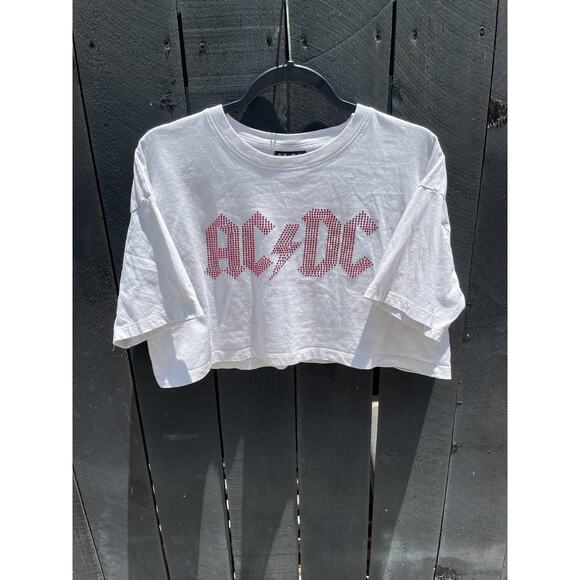 AC/DC Crop Tee White Rhinestone Logo Rock Band Top S - Picture 1 of 4